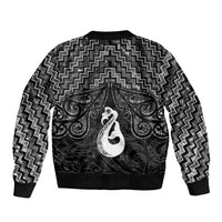 New Zealand Maori Sleeve Zip Bomber Jacket Poutama Manaia Black Paua Shell