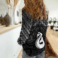 New Zealand Maori Women Casual Shirt Poutama Manaia Black Paua Shell