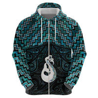 New Zealand Maori Zip Hoodie Poutama Manaia Turquoise Paua Shell