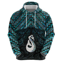 New Zealand Maori Zip Hoodie Poutama Manaia Turquoise Paua Shell