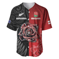 New Zealand And England Rugby Custom Baseball Jersey Red Rose Mix Maori Pattern LT05 Black - Polynesian Pride