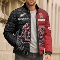 New Zealand And England Rugby Custom Bomber Puffer Jacket Red Rose Mix Maori Pattern LT05 - Polynesian Pride