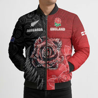 New Zealand And England Rugby Custom Bomber Puffer Jacket Red Rose Mix Maori Pattern LT05 - Polynesian Pride