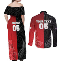 New Zealand And England Rugby Custom Couples Matching Off Shoulder Maxi Dress and Long Sleeve Button Shirt Red Rose Mix Maori Pattern LT05 - Polynesian Pride