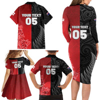 New Zealand And England Rugby Custom Family Matching Long Sleeve Bodycon Dress and Hawaiian Shirt Red Rose Mix Maori Pattern - Polynesian Pride