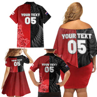 New Zealand And England Rugby Custom Family Matching Off Shoulder Short Dress and Hawaiian Shirt Red Rose Mix Maori Pattern - Polynesian Pride