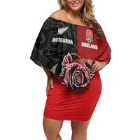 New Zealand And England Rugby Custom Family Matching Off Shoulder Short Dress and Hawaiian Shirt Red Rose Mix Maori Pattern - Polynesian Pride
