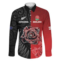 New Zealand And England Rugby Custom Family Matching Puletasi and Hawaiian Shirt Red Rose Mix Maori Pattern - Polynesian Pride