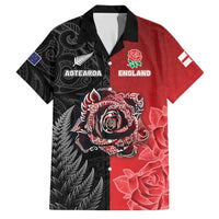 New Zealand And England Rugby Custom Family Matching Summer Maxi Dress and Hawaiian Shirt Red Rose Mix Maori Pattern - Polynesian Pride