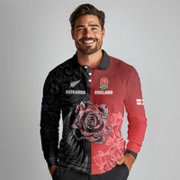 New Zealand And England Rugby Custom Long Sleeve Polo Shirt Red Rose Mix Maori Pattern LT05 - Polynesian Pride