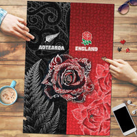 New Zealand And England Rugby Puzzle Red Rose Mix Maori Pattern LT05 Black - Polynesian Pride