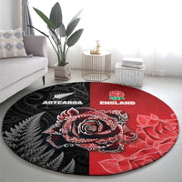 New Zealand And England Rugby Round Carpet Red Rose Mix Maori Pattern LT05 - Polynesian Pride