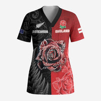 New Zealand And England Rugby Custom Scrub Top Red Rose Mix Maori Pattern LT05 Adult Black - Polynesian Pride
