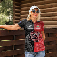 New Zealand And England Rugby Custom Women Polo Shirt Red Rose Mix Maori Pattern - Polynesian Pride