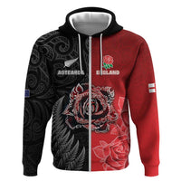 New Zealand And England Rugby Custom Zip Hoodie Red Rose Mix Maori Pattern LT05 Zip Hoodie Black - Polynesian Pride