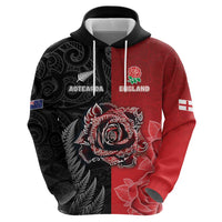 New Zealand And England Rugby Custom Zip Hoodie Red Rose Mix Maori Pattern LT05 - Polynesian Pride