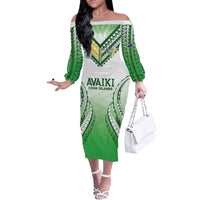 Custom Cook Islands Avaiki Rugby Off The Shoulder Long Sleeve Dress Go Champions LT05 Women Green - Polynesian Pride
