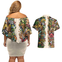 Hawaii And Japan Couples Matching Off Shoulder Short Dress and Hawaiian Shirt Tiki With Oni Mask LT05 - Polynesian Pride