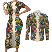 Hawaii And Japan Couples Matching Short Sleeve Bodycon Dress and Long Sleeve Button Shirt Tiki With Oni Mask - Polynesian Pride
