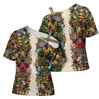 Hawaii And Japan Cross Shoulder Shirt Tiki With Oni Mask - Polynesian Pride