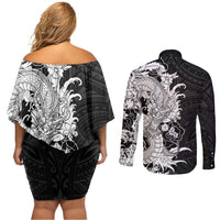 Hawaiian And Japanese Culture Couples Matching Off Shoulder Short Dress and Long Sleeve Button Shirt Irezumi Dragon With Polynesian Pattern Black LT05 - Polynesian Pride