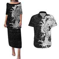 Hawaiian And Japanese Culture Couples Matching Puletasi and Hawaiian Shirt Irezumi Dragon With Polynesian Pattern Black LT05 Black - Polynesian Pride