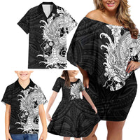 Hawaiian And Japanese Culture Family Matching Off Shoulder Short Dress and Hawaiian Shirt Irezumi Dragon With Polynesian Pattern Black - Polynesian Pride