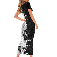 Hawaiian And Japanese Culture Family Matching Short Sleeve Bodycon Dress and Hawaiian Shirt Irezumi Dragon With Polynesian Pattern Black - Polynesian Pride