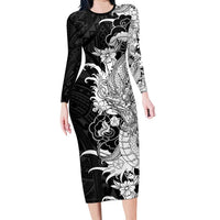 Hawaiian And Japanese Culture Long Sleeve Bodycon Dress Irezumi Dragon With Polynesian Pattern Black LT05 Long Dress Black - Polynesian Pride