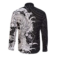 Hawaiian And Japanese Culture Long Sleeve Button Shirt Irezumi Dragon With Polynesian Pattern Black LT05 - Polynesian Pride