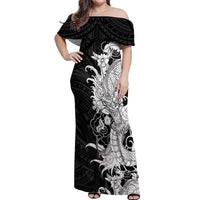 Hawaiian And Japanese Culture Off Shoulder Maxi Dress Irezumi Dragon With Polynesian Pattern Black LT05 Women Black - Polynesian Pride
