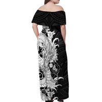 Hawaiian And Japanese Culture Off Shoulder Maxi Dress Irezumi Dragon With Polynesian Pattern Black LT05 - Polynesian Pride