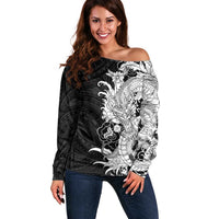 Hawaiian And Japanese Culture Off Shoulder Sweater Irezumi Dragon With Polynesian Pattern Black LT05 Women Black - Polynesian Pride