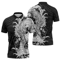 Hawaiian And Japanese Culture Zipper Polo Shirt Irezumi Dragon With Polynesian Pattern Black - Polynesian Pride