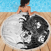 Hawaiian And Japanese Culture Beach Blanket Irezumi Dragon With Polynesian Pattern White LT05 - Polynesian Pride