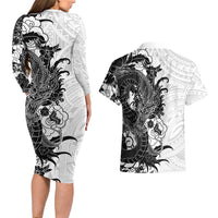 Hawaiian And Japanese Culture Couples Matching Long Sleeve Bodycon Dress and Hawaiian Shirt Irezumi Dragon With Polynesian Pattern White - Polynesian Pride