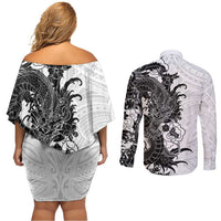 Hawaiian And Japanese Culture Couples Matching Off Shoulder Short Dress and Long Sleeve Button Shirt Irezumi Dragon With Polynesian Pattern White LT05 - Polynesian Pride