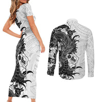 Hawaiian And Japanese Culture Couples Matching Short Sleeve Bodycon Dress and Long Sleeve Button Shirt Irezumi Dragon With Polynesian Pattern White LT05 - Polynesian Pride