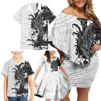 Hawaiian And Japanese Culture Family Matching Off Shoulder Short Dress and Hawaiian Shirt Irezumi Dragon With Polynesian Pattern White - Polynesian Pride