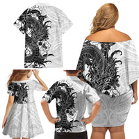 Hawaiian And Japanese Culture Family Matching Off Shoulder Short Dress and Hawaiian Shirt Irezumi Dragon With Polynesian Pattern White - Polynesian Pride