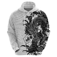 Hawaiian And Japanese Culture Hoodie - Irezumi Dragon With Polynesian Pattern White LT05 - Polynesian Pride