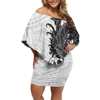 Hawaiian And Japanese Culture Off Shoulder Short Dress Irezumi Dragon With Polynesian Pattern White LT05 Women White - Polynesian Pride