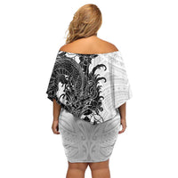 Hawaiian And Japanese Culture Off Shoulder Short Dress Irezumi Dragon With Polynesian Pattern White LT05 - Polynesian Pride