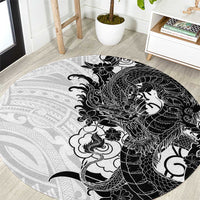 Hawaiian And Japanese Culture Round Carpet Irezumi Dragon With Polynesian Pattern White LT05 White - Polynesian Pride