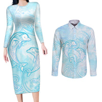 Polynesia Dolphins Under The Sea Couples Matching Long Sleeve Bodycon Dress and Long Sleeve Button Shirt Simple Style LT05 Baby Blue - Polynesian Pride