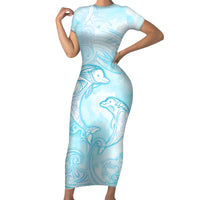 Polynesia Dolphins Under The Sea Family Matching Short Sleeve Bodycon Dress and Hawaiian Shirt Simple Style LT05 Mom's Dress Baby Blue - Polynesian Pride