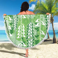 Green Hawaii Tapa Pattern Beach Blanket With Heliconia Vintage Style LT05 - Polynesian Pride