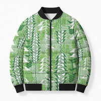 Green Hawaii Tapa Pattern Bomber Puffer Jacket With Heliconia Vintage Style