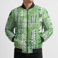 Green Hawaii Tapa Pattern Bomber Puffer Jacket With Heliconia Vintage Style