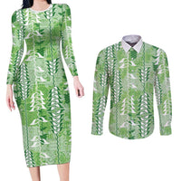 Green Hawaii Tapa Pattern Couples Matching Long Sleeve Bodycon Dress and Long Sleeve Button Shirt With Heliconia Vintage Style